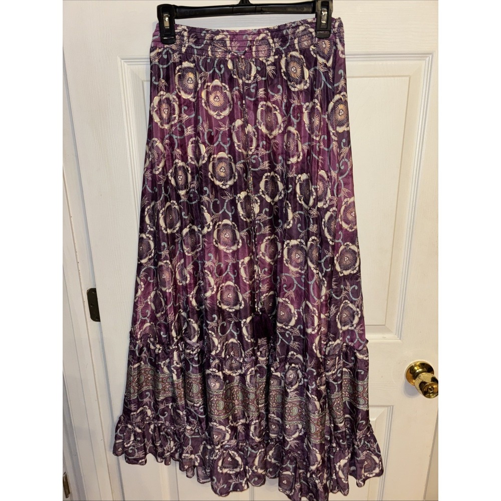 NWT Chelsea & Theodore L Maxi Skirt Purple Gold Blue Floral Border Tiered Ruffle